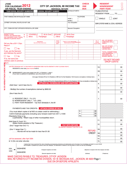 Form J1040 - Income Tax Individual Return - City Of Jackson - 2012 Printable pdf
