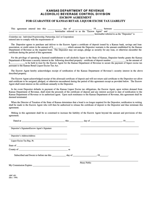 Form Abc-401 - Escrow Agreement For Guarantee Of Kansas Retail Liquor Excise Tax Liability Printable pdf