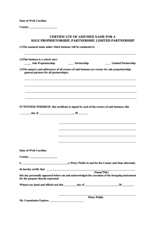 Certificate Of Assumed Name For A Sole Proprietorship, Partnership, Limited Partnership Printable pdf