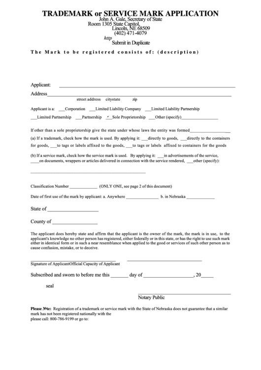 Fillable Trademark Or Service Mark Application - Nebraska Secretary Of State Printable pdf