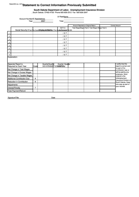 Form 21c - Statement To Correct Information Previously Submitted Printable pdf