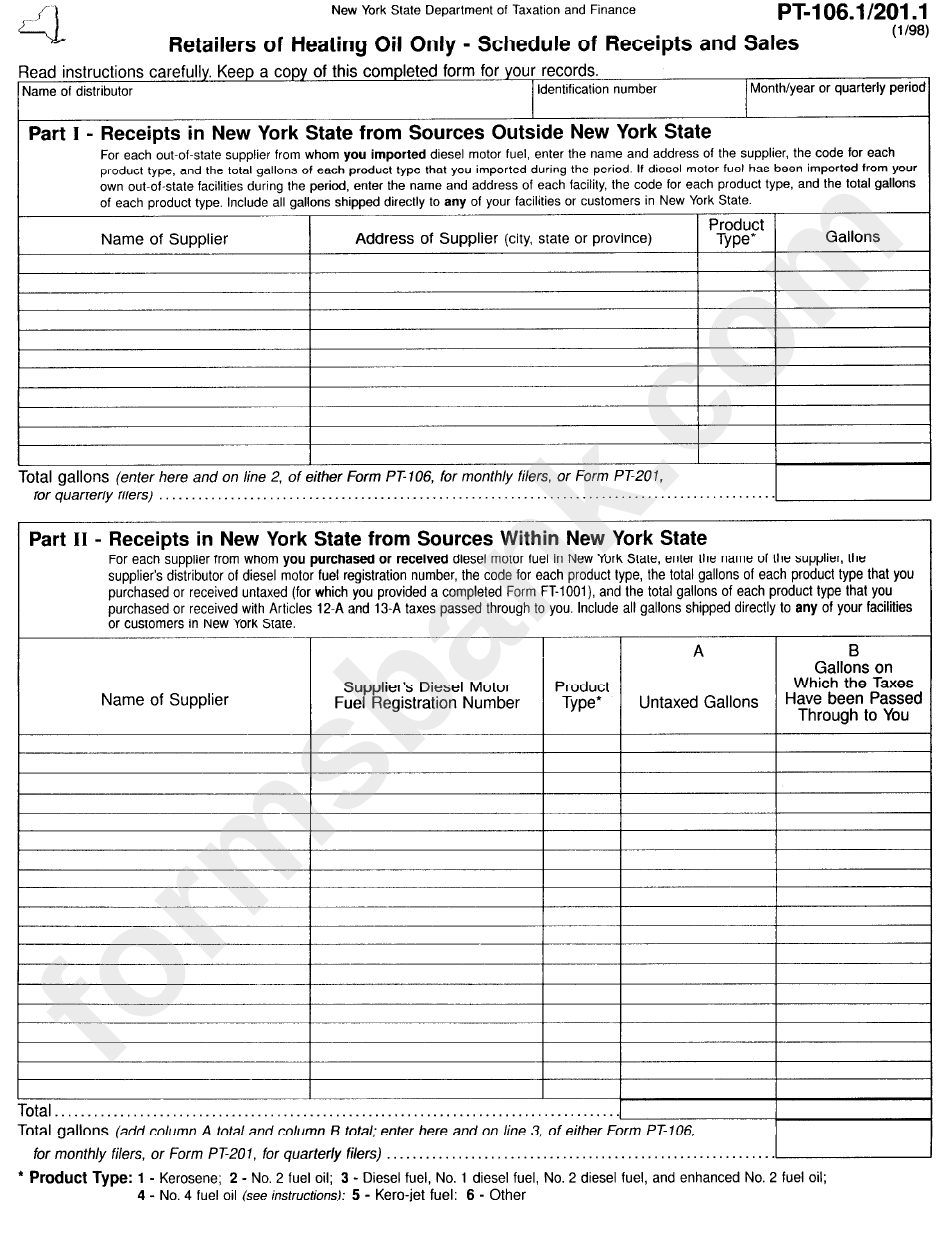 Form Pt-106.1/201.1 - Retailers Of Heating Oil Only - Schedule Of Receipts And Sales