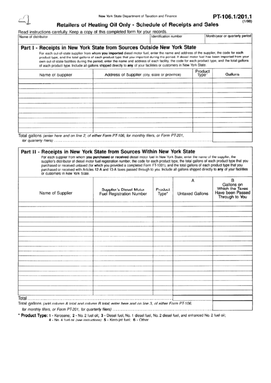 Form Pt-106.1/201.1 - Retailers Of Heating Oil Only - Schedule Of Receipts And Sales Printable pdf