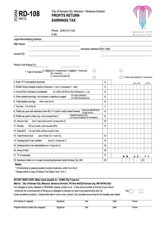 Form Rd-108 - Profits Return Earnings Tax Printable pdf