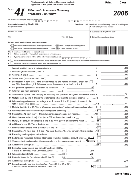 Fillable Form 4i - Wisconsin Insurance Company Franchise Tax Return - 2006 Printable pdf