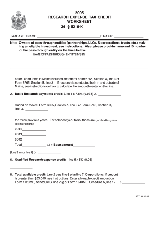 Research Expense Tax Credit Worksheet - State Of Maine - 2005 Printable pdf