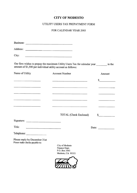 Utility Users Tax Prepayment Form - 2003 - City Of Modesto Printable pdf