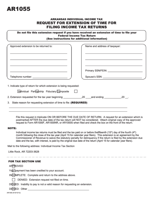 Form Ar1055 - Request For Extension Of Time For Filing Income Tax Returns - 2012 Printable pdf