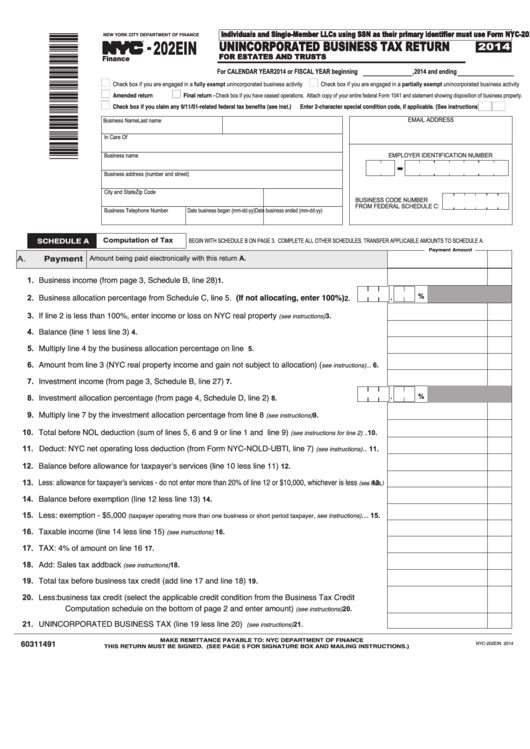 Form Nyc-202ein - Unincorporated Business Tax Return - 2014 Printable pdf