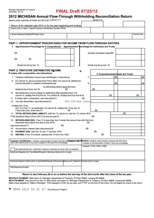 Form 4918 Draft - 2012 Michigan Annual Flow-Through Withholding Reconciliation Return Printable pdf