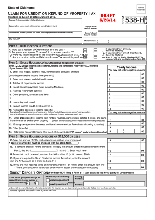 Form 538-H Draft - Claim For Credit Or Refund Of Property Tax - 2014 Printable pdf