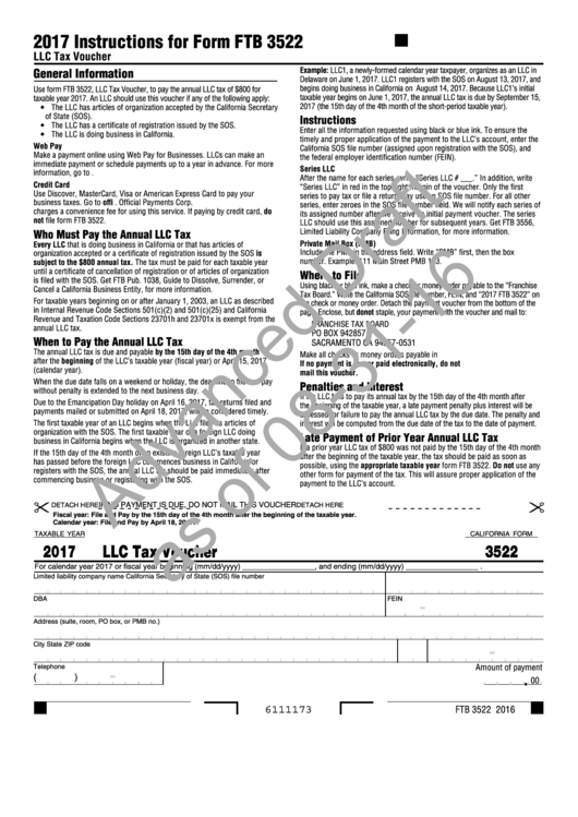 California Form 3522 (Draft) - Llc Tax Voucher - 2017 Printable pdf