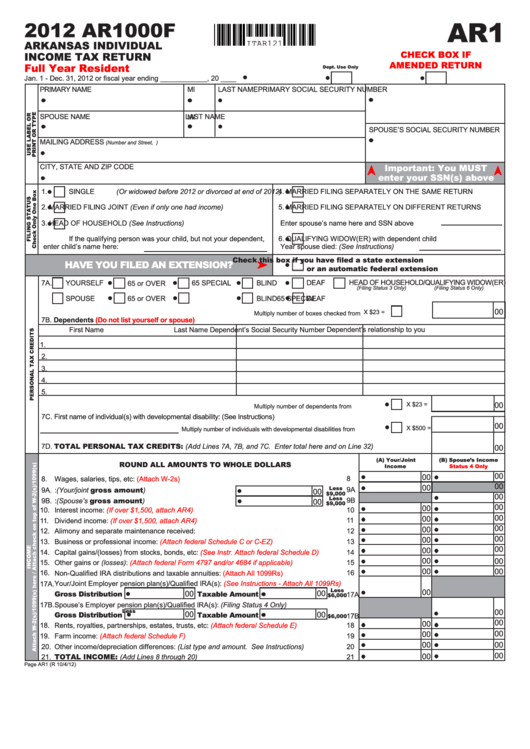 Form Ar1000f - Arkansas Individual Income Tax Return - 2012 Printable pdf