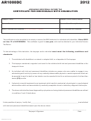Form Ar1000dc - Arkansas Individual Income Tax Certificate For Individuals With Disabilities - 2012