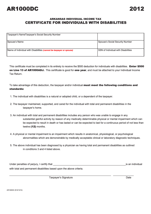 Form Ar1000dc - Arkansas Individual Income Tax Certificate For Individuals With Disabilities - 2012 Printable pdf