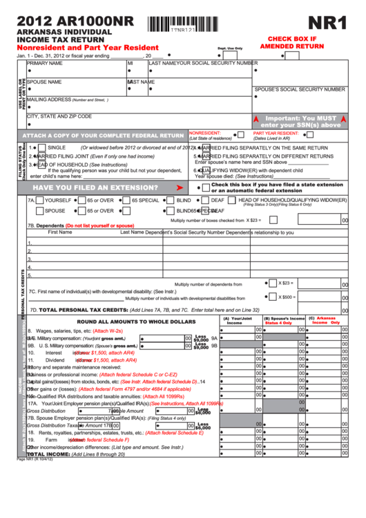 Form Ar1000nr - Arkansas Individual Income Tax Return - 2012 Printable pdf