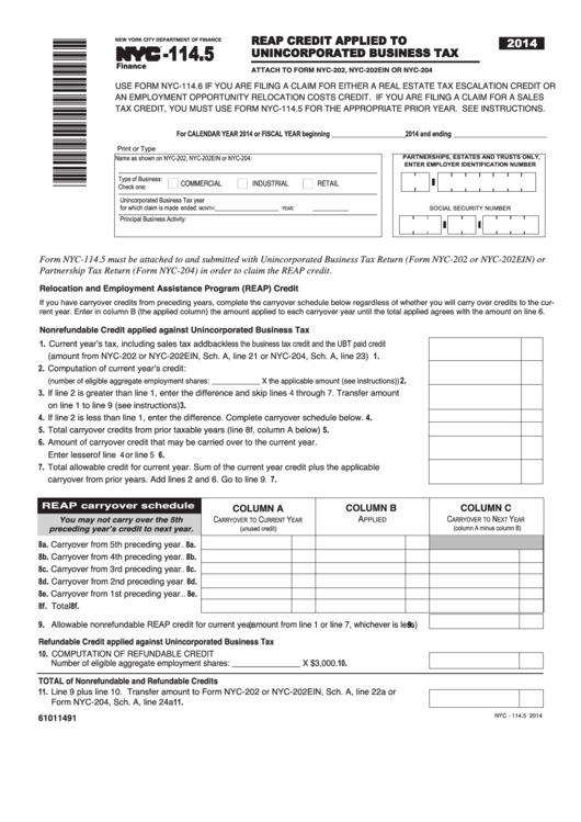 Form Nyc-114.5 - Reap Credit Applied To Unincorporated Business Tax - 2014 Printable pdf