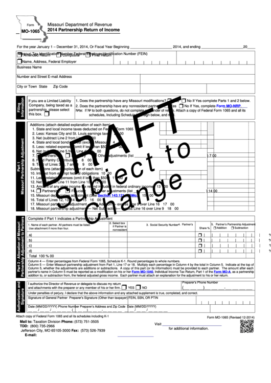 Form Mo-1065 Draft - Partnership Return Of Income - 2014 Printable pdf