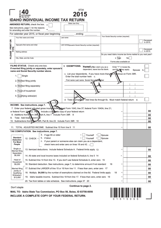 Form 40 Draft - Idaho Individual Income Tax Return - 2015 Printable pdf