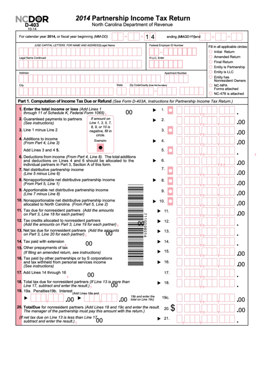 Form D-403 - 2014 Partnership Income Tax Return Printable pdf