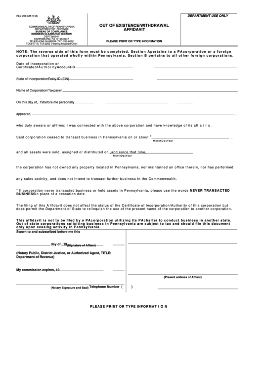Fillable Rev-238 - Out Of Existence/withdrawal Affidavit Printable pdf