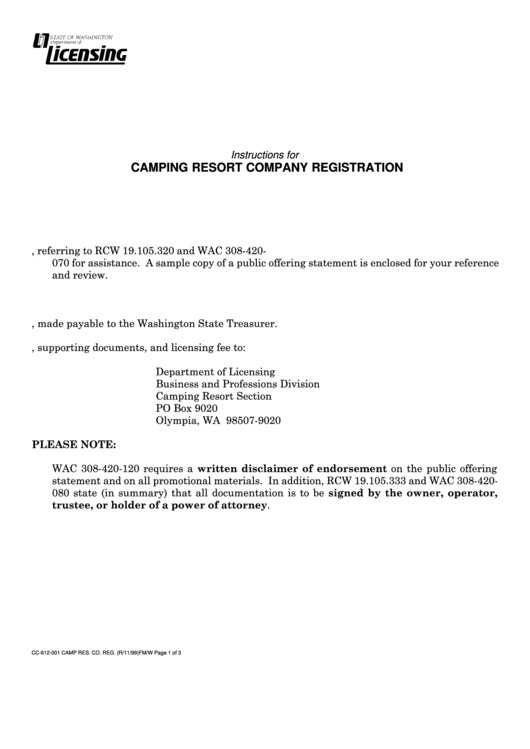 Instructions For Camping Resort Company Registration - Department Of Licensing Printable pdf