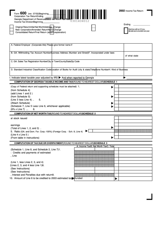 Form 600 - Corporation Tax Return - 2002 Printable pdf