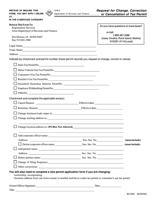 Form 92-033 - Request For Change, Correction Or Cancellation Of Tax Permit Printable pdf