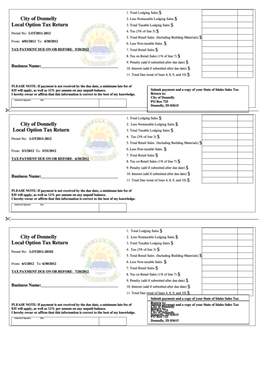 Local Option Tax Return Form - City Of Donnelly Printable pdf