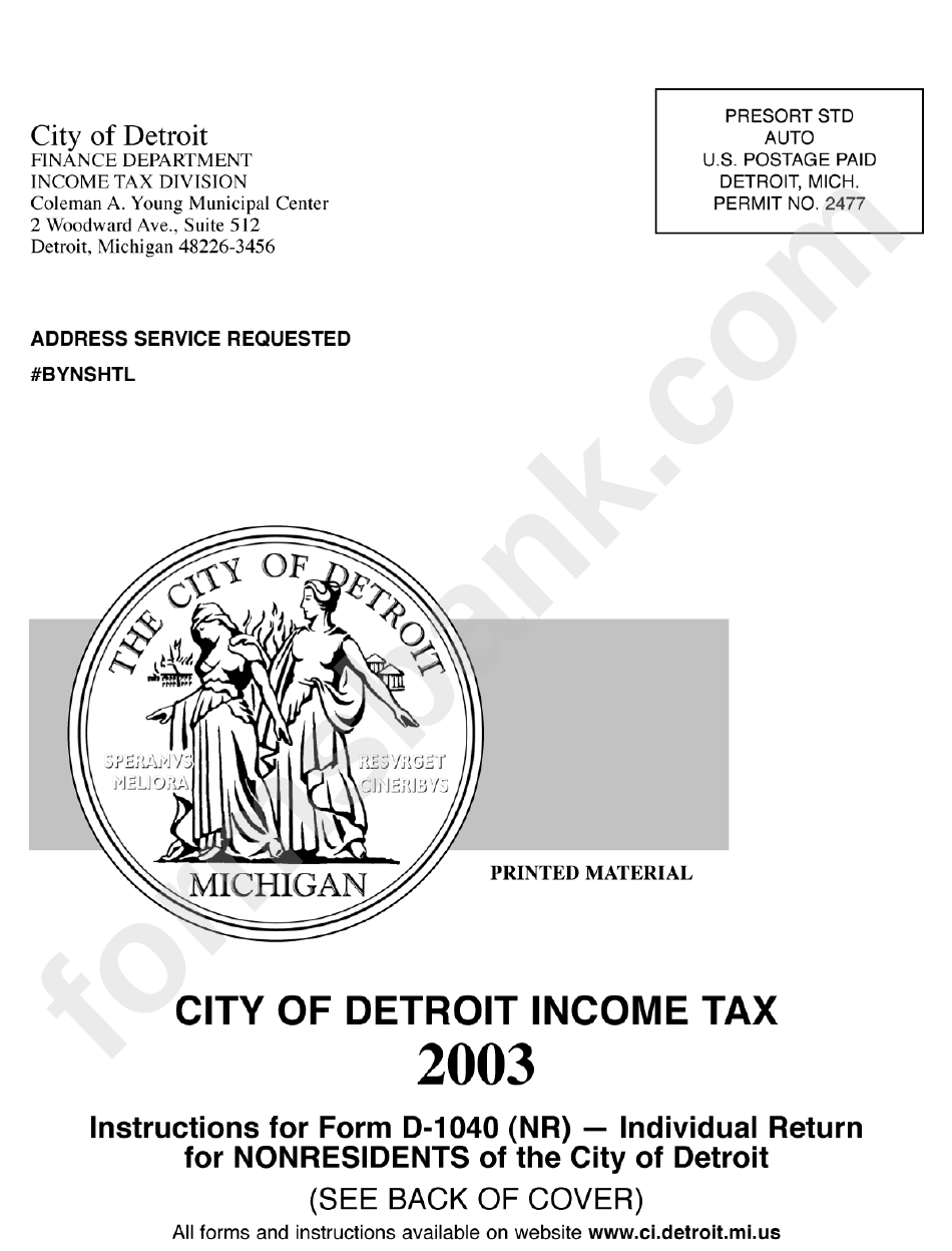 Instructions For Form D-1040(Nr) - Individual Return For Nonresidents Of The City Of Detroit