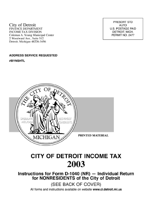 Instructions For Form D-1040(Nr) - Individual Return For Nonresidents Of The City Of Detroit Printable pdf