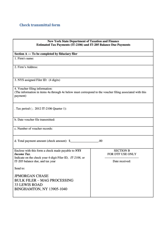 Estimated Tax Payments (It-2106) And It-205 Balance Due Payments - Check Transmittal Form Printable pdf