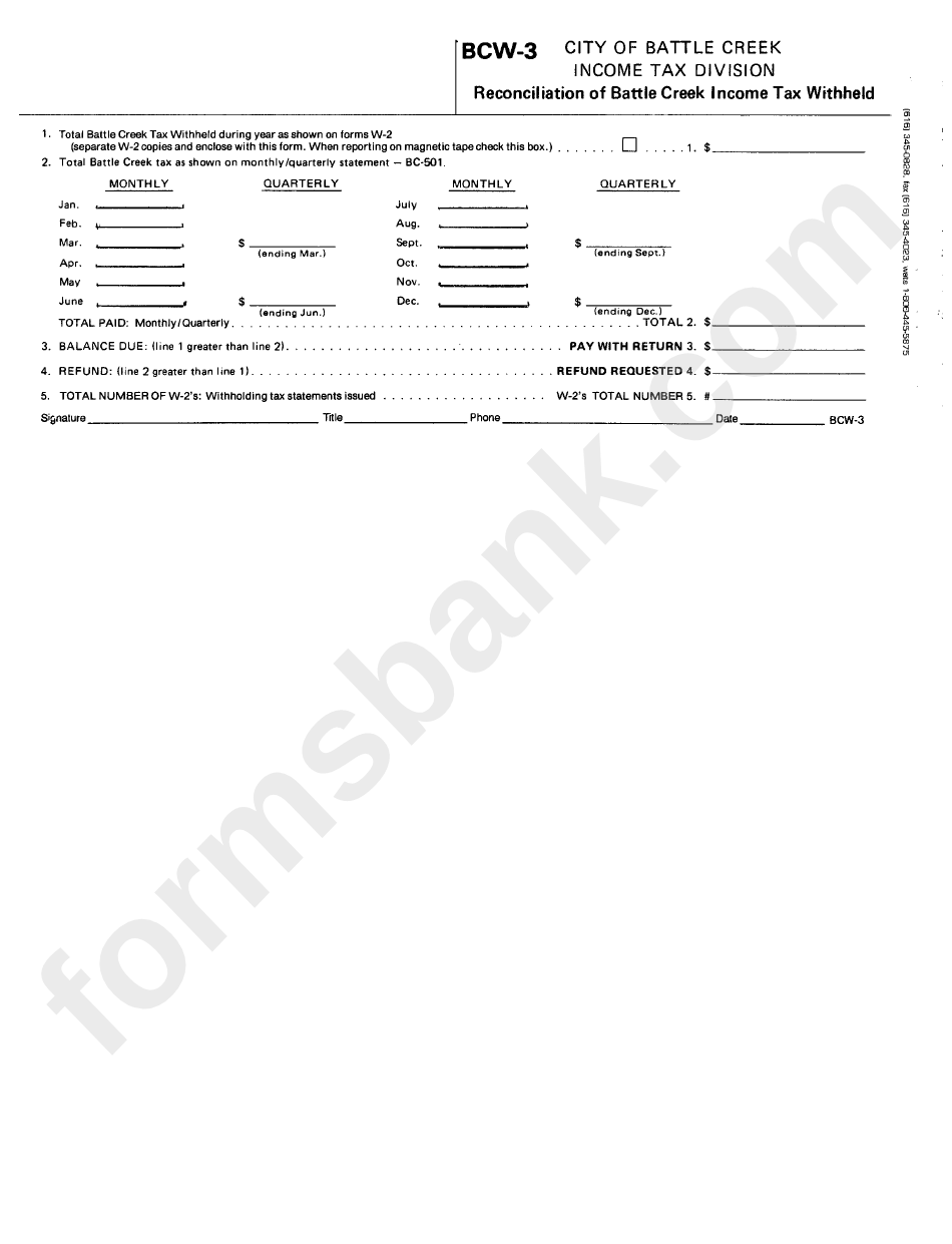 Form Bw-3 - Reconciliation Of Battle Creek Income Tax Withheld