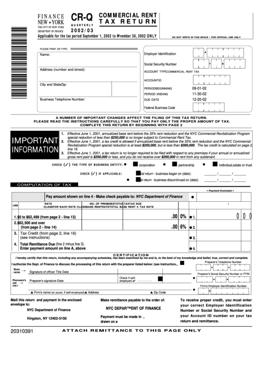 Form Cr-Q - Commercial Rent Tax Return - 2002/03 Printable pdf