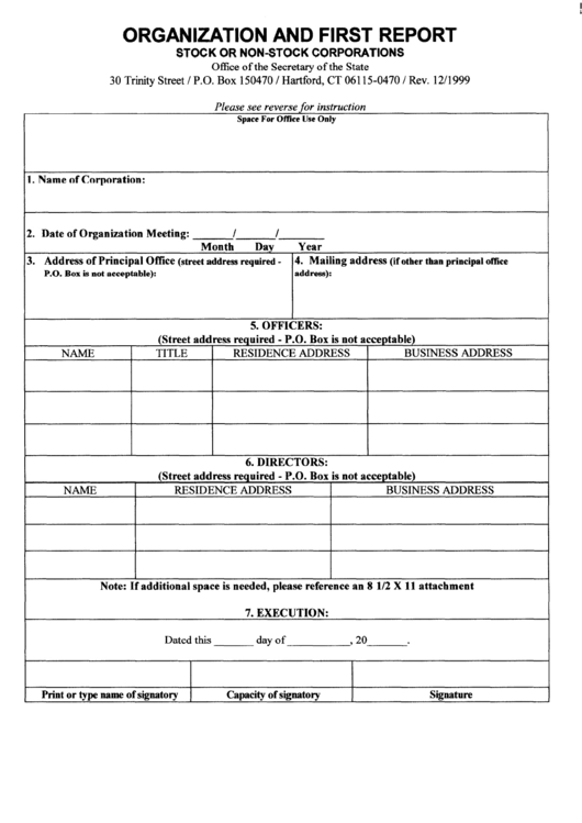 Organization And First Report - Stock Or Non-Stock Corporations - Connecticut Office Of The Secretary Of The State Form Printable pdf