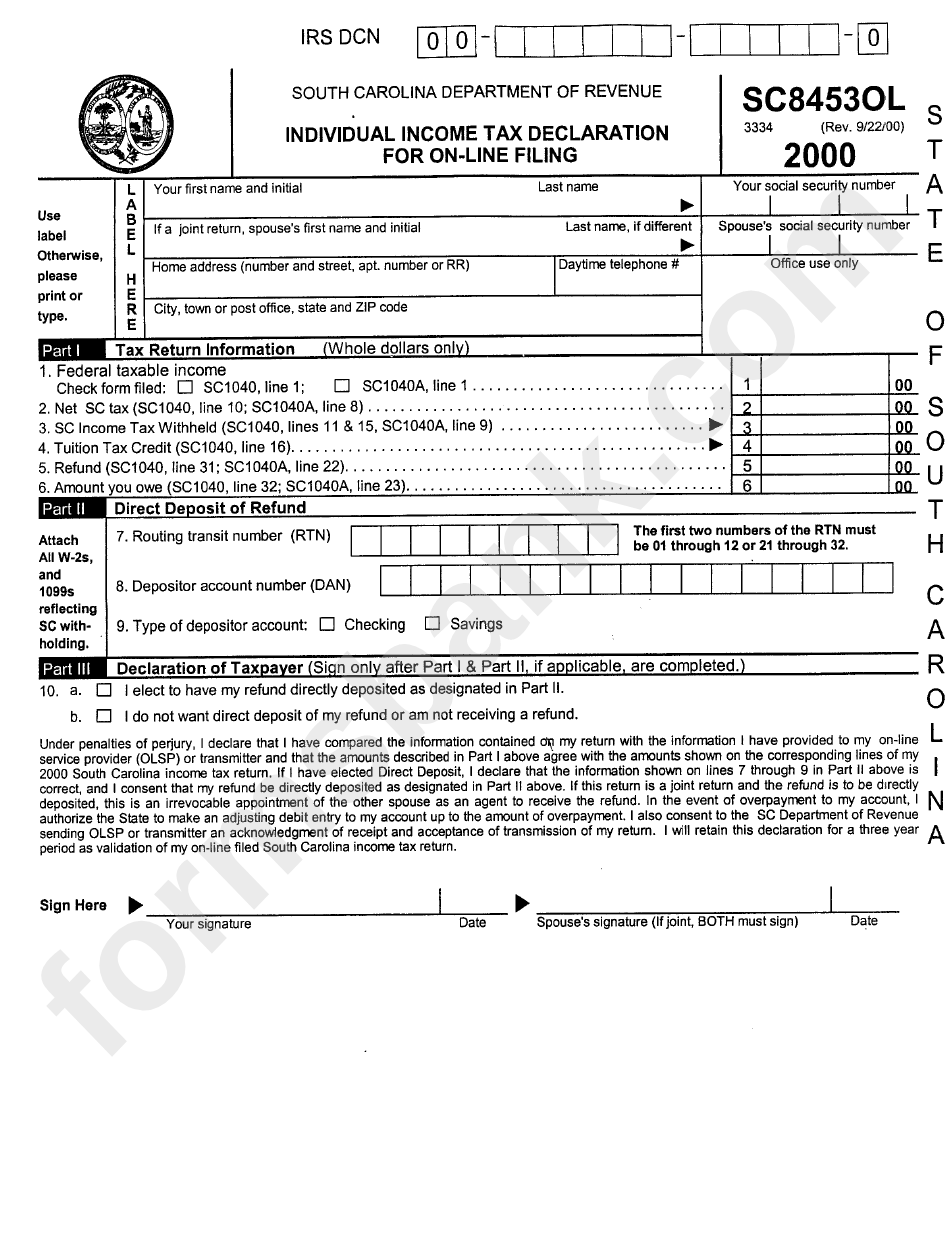 Form Sc8453ol - Individual Income Tax Declaration For On-Line Filing - 2000