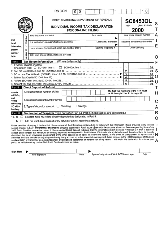 Form Sc8453ol - Individual Income Tax Declaration For On-Line Filing - 2000 Printable pdf