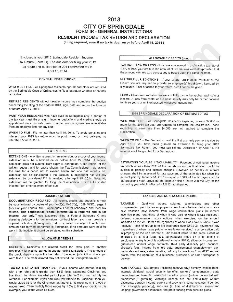 City Of Springdale Form Ir - Resident Income Tax Return And Declaration Instructions - 2013