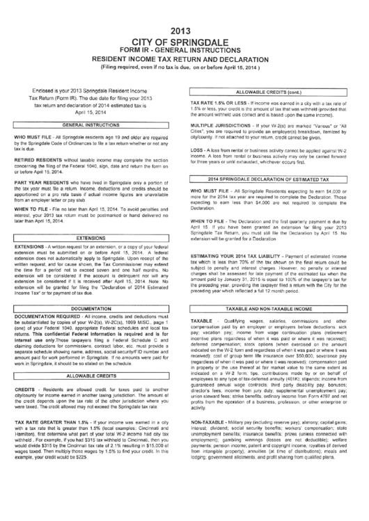 City Of Springdale Form Ir - Resident Income Tax Return And Declaration Instructions - 2013 Printable pdf