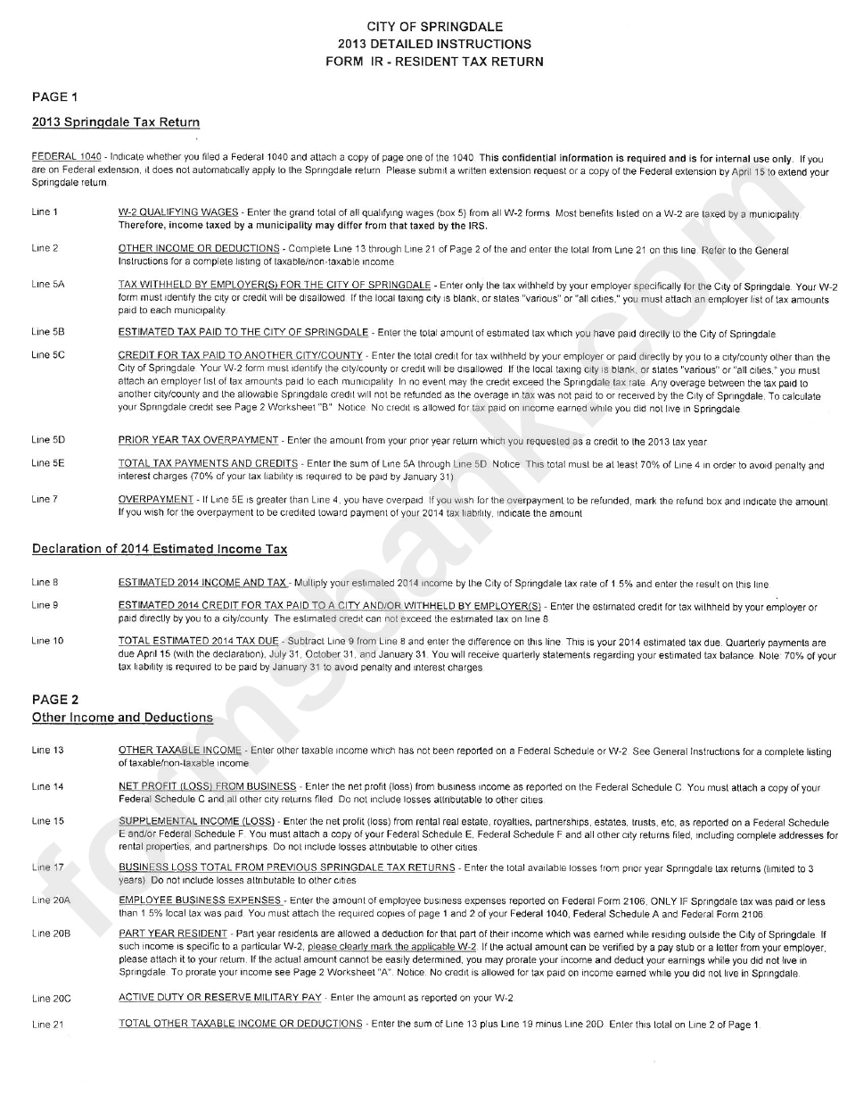 City Of Springdale Form Ir - Resident Income Tax Return And Declaration Instructions - 2013