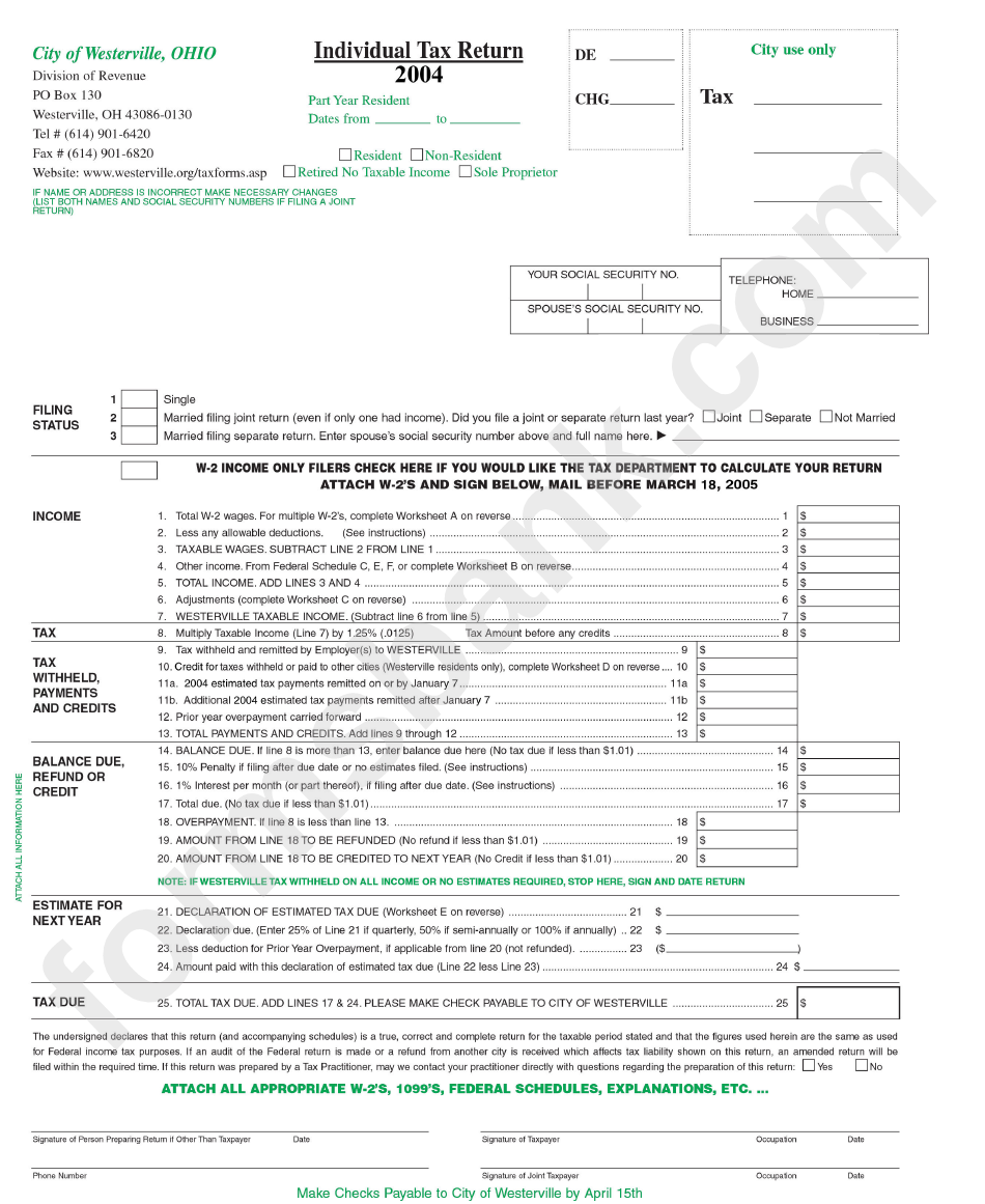 Individual Tax Return 2004 City Of Westerville, Ohio Division Of