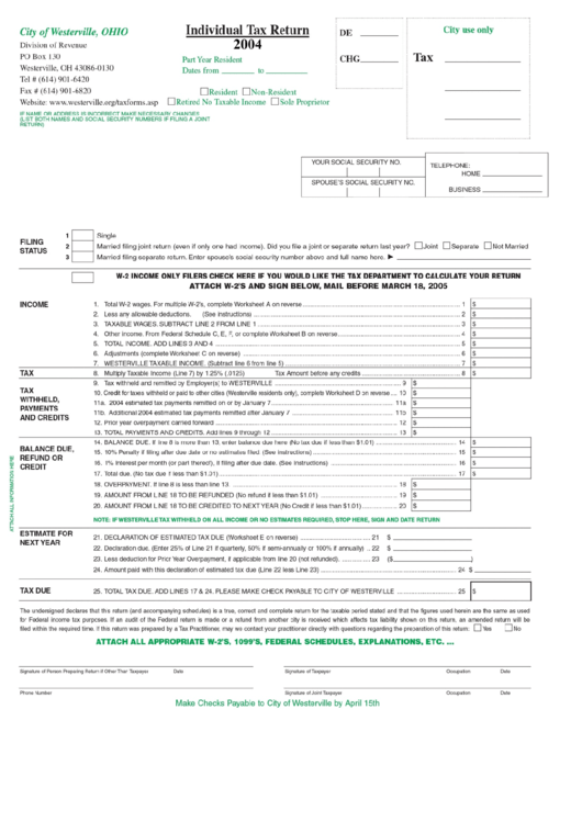 Individual Tax Return 2004 City Of Westerville, Ohio Division Of