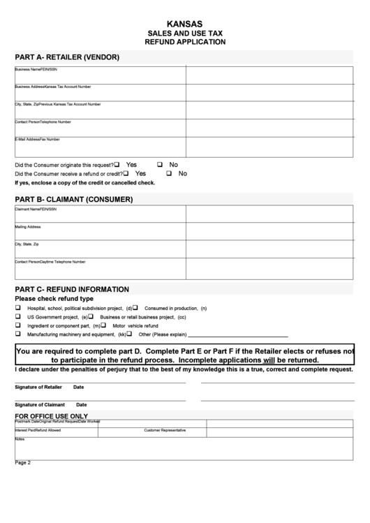 Sales And Use Tax Refund Application - Kansas Department Of Revenue Printable pdf