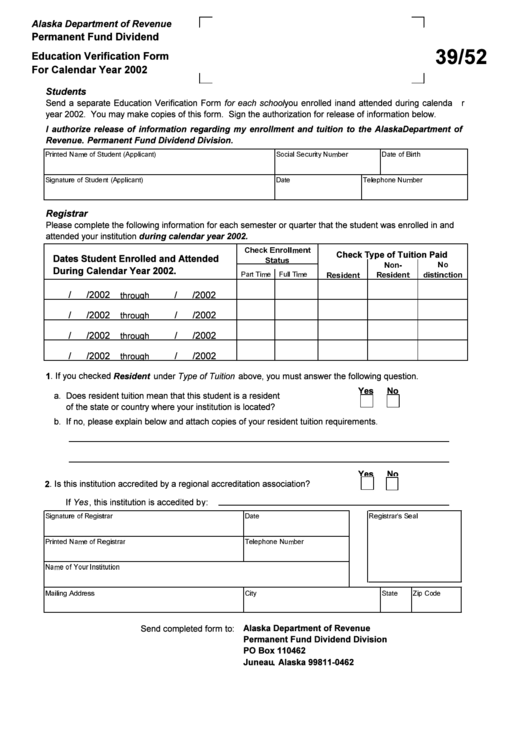 Permanent Fund Dividend - Education Verification Form For Calendar Year 2002 - Alaska Department Of Revenue Printable pdf