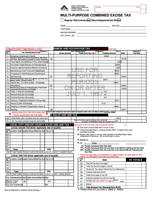 Fillable Multi-Purpose Combined Excise Tax Form - State Of Washington Department Of Revenue Printable pdf