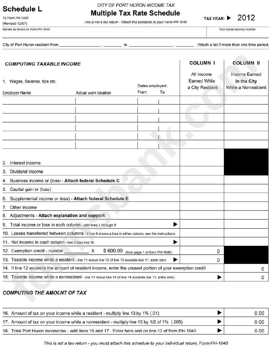 Schedule L - City Of Port Huron Income Tax - Multiple Tax Rate Schedule - 2012