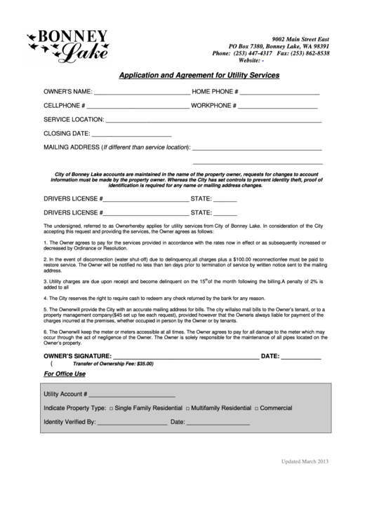 Fillable Application And Agreement For Utility Services - Bonney Lake, Washington Printable pdf