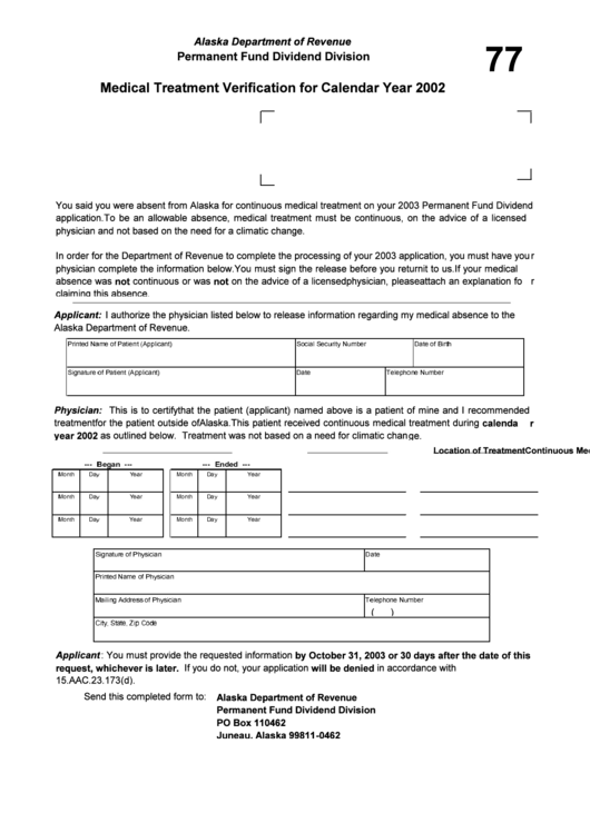 Medical Treatment Verification For Calendar Year 2002 - Alaska Department Of Revenue Printable pdf