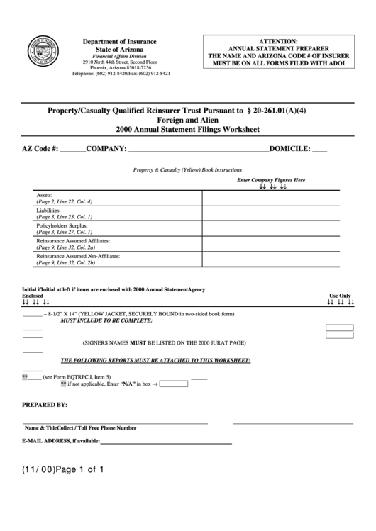 Form E-Qrtpc.as - Property/casualty Qualified Reinsurer Trust Pursuant To A.r.s. 20-261.01(A)(4) Foreign And Alien 2000 Annual Statement Filings Worksheet Printable pdf