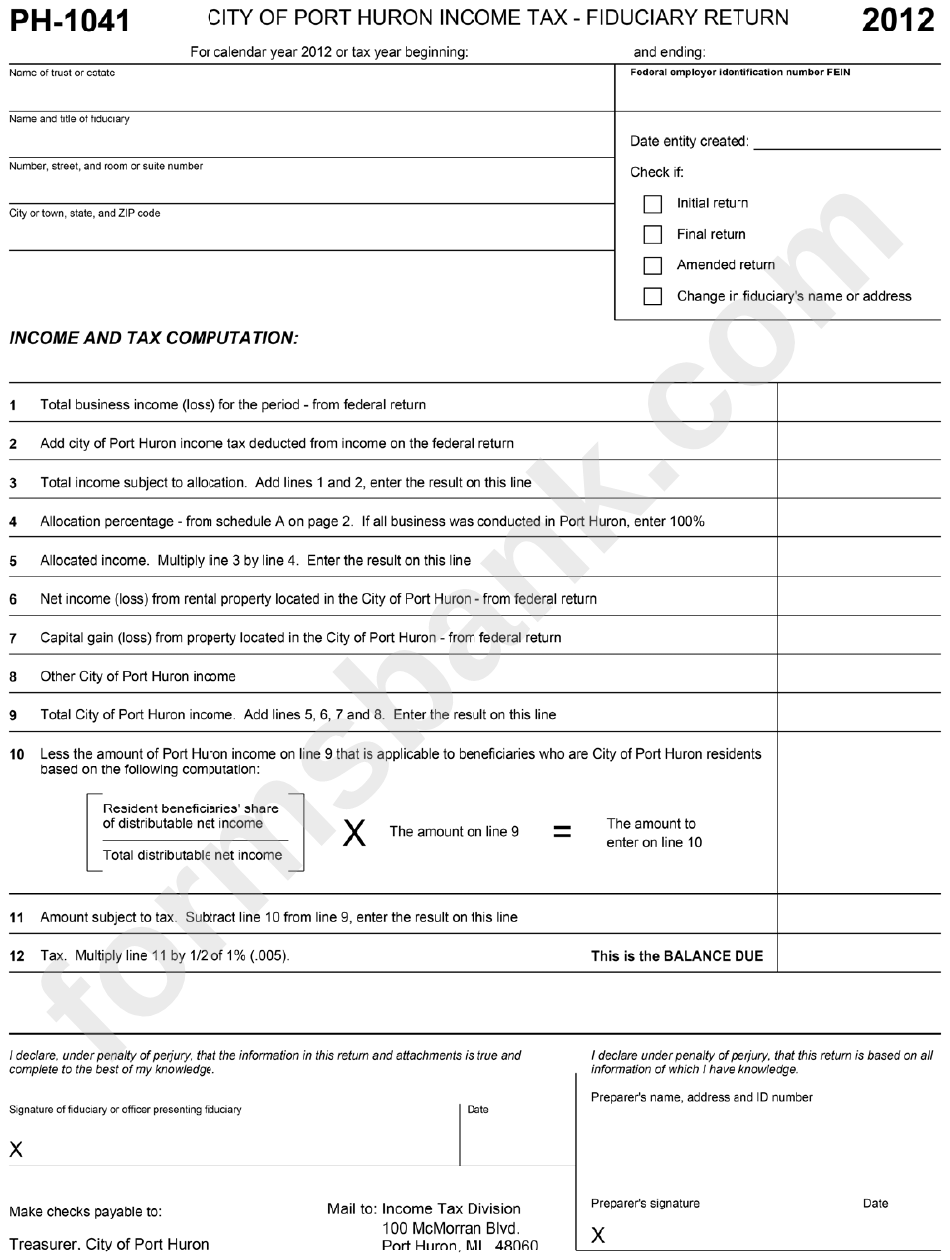 Form Ph-1041 - City Of Port Huron Income Tax - Fiduciary Return - 2012